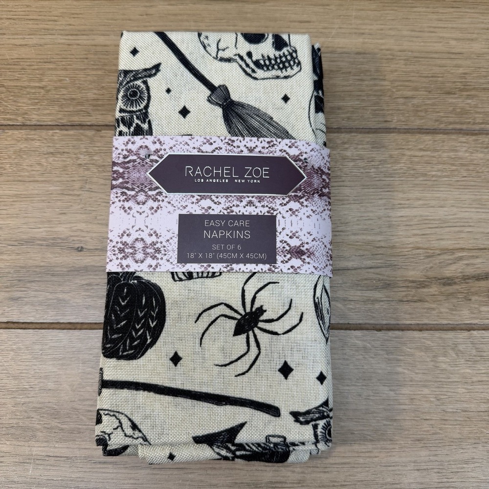 Halloween Icon Napkins Set 6 Rachel Zoe Easy Care Skull Witch Owl Pumpkin Bat